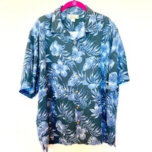Tommy Bahama mens Silk camp Hawaiian shirt SZ Large Floral Blue/Gray White Black